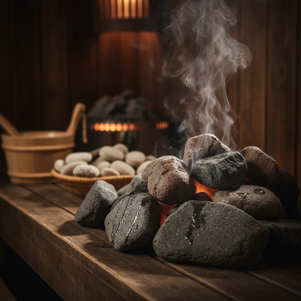 Close-up of quality sauna stones arranged in electric heater showing proper sizing and placement