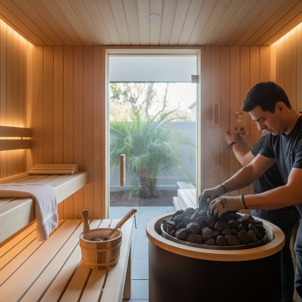 Professional sauna stone installation showing layered sizing technique for optimal heat distribution