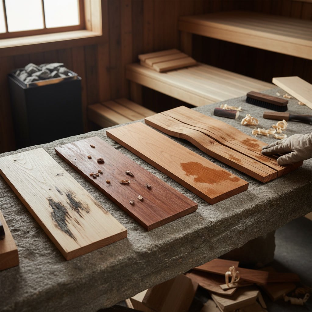 Sauna maintenance showing wood treatment and cleaning supplies for different wood types