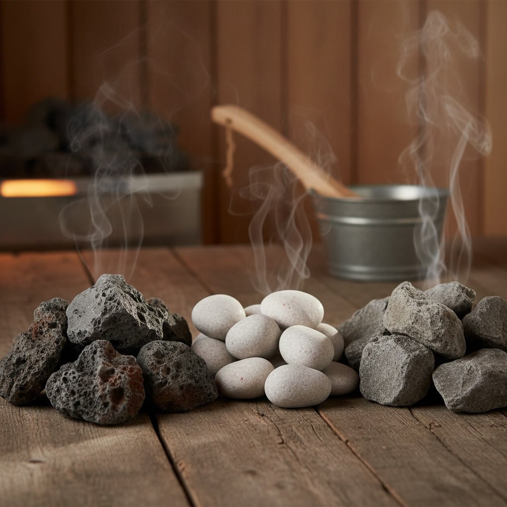 Three types of sauna stones arranged side by side showing size and texture differences