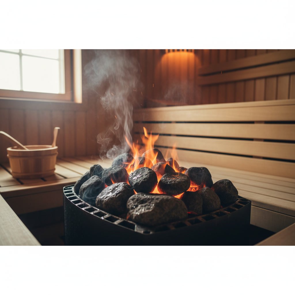 High-quality sauna stones glowing with heat inside traditional sauna heater