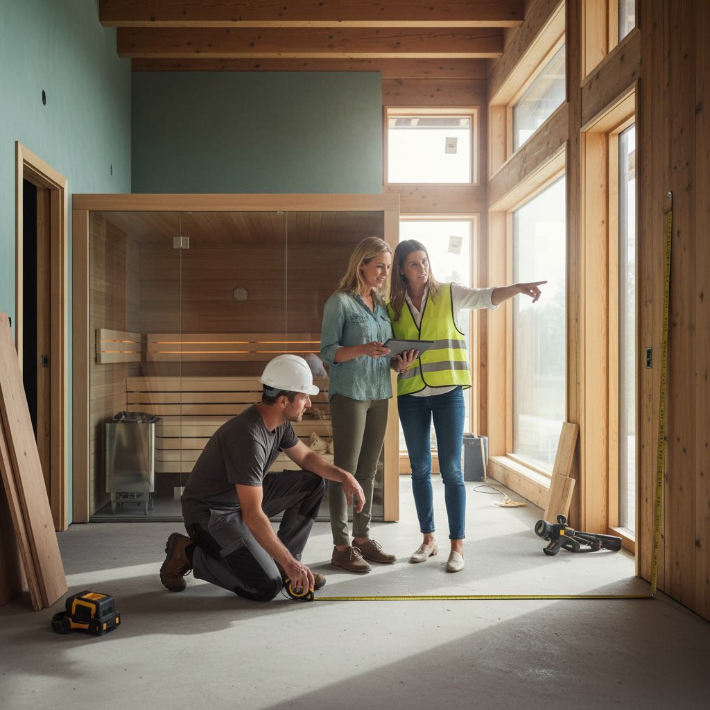 Professional sauna design consultant measuring installation space in Bay Area home