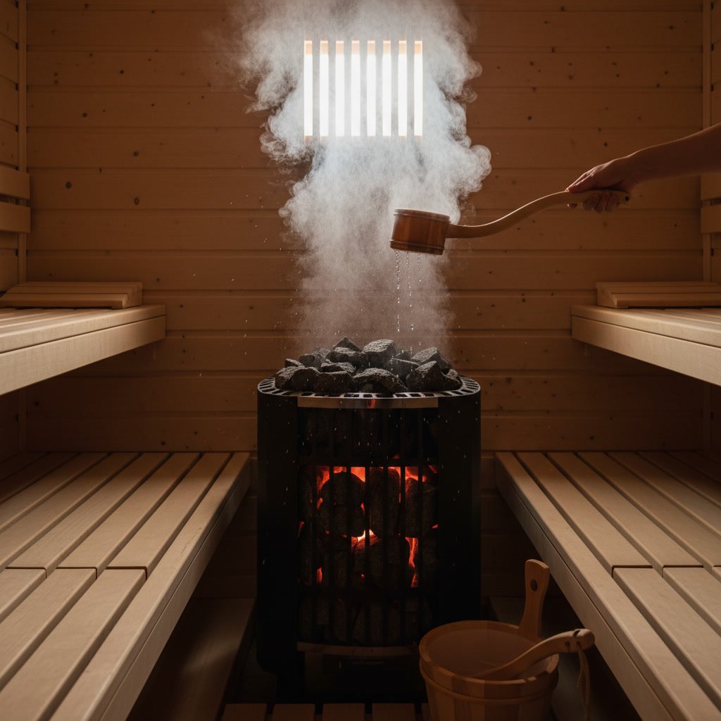 Traditional sauna interior with wooden benches and electric heater