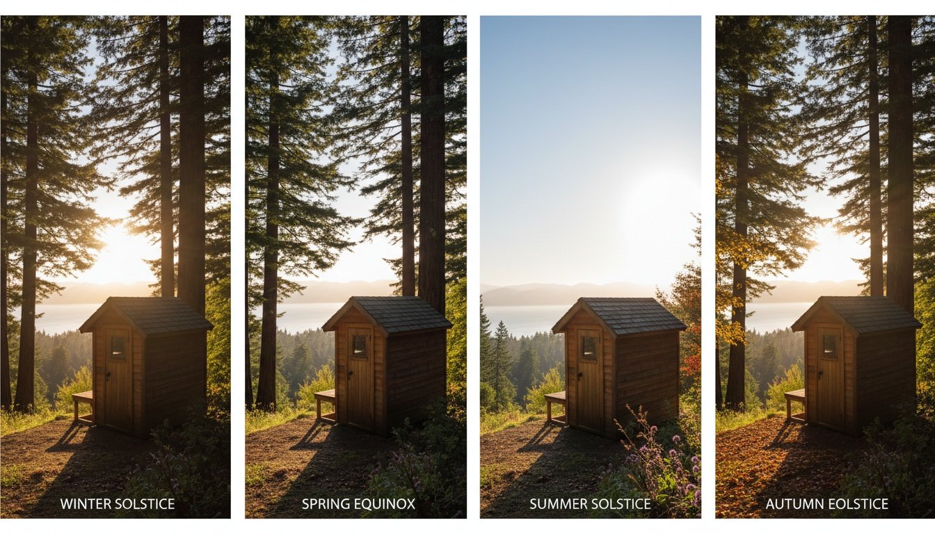 Outdoor sauna positioned for optimal sun exposure in a backyard setting