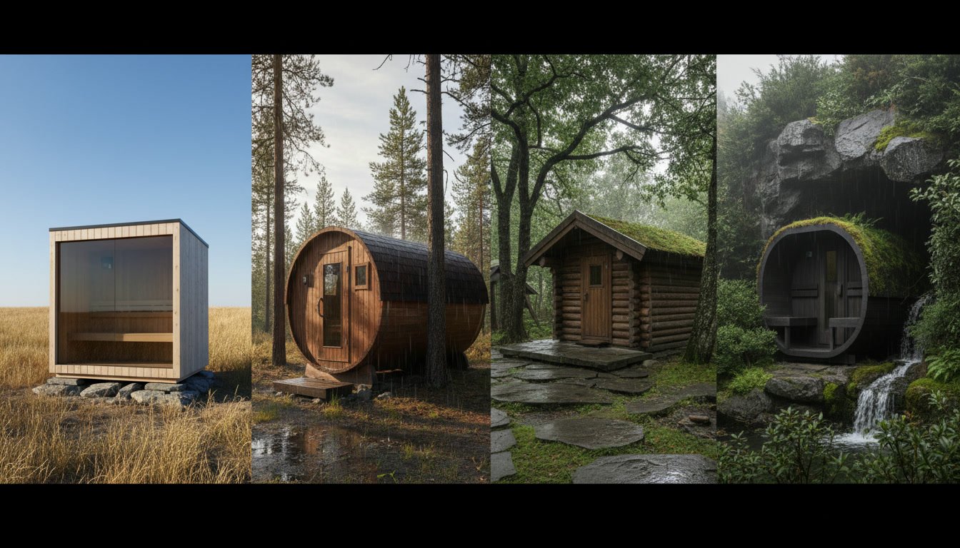 Backyard sauna orientation examples showing sun and wind patterns