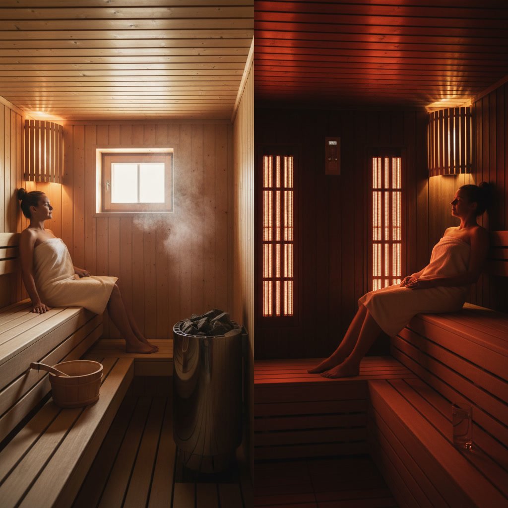 Modern home sauna comparison showing traditional and infrared models side by side