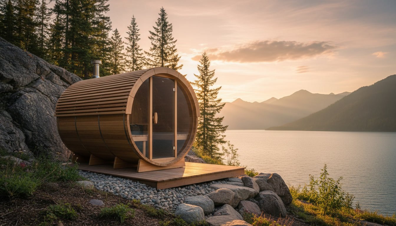 Outdoor sauna with optimal placement in a landscaped Bay Area backyard